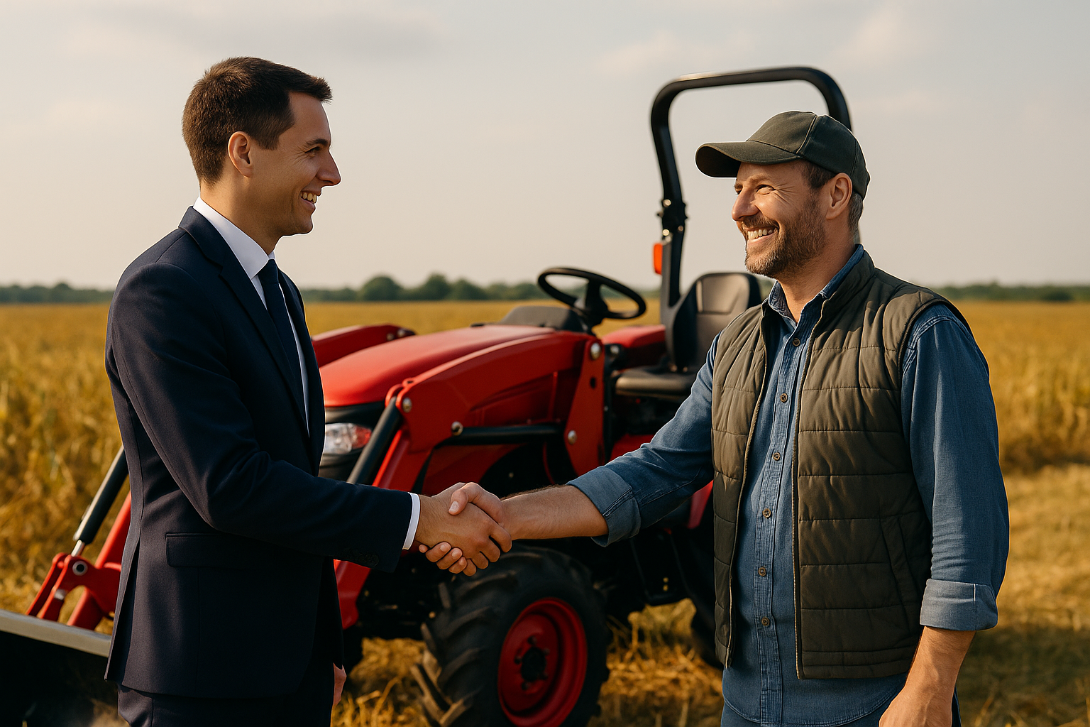 Businessman shaking hands with smiling farmer in front of red tractor in a field during daytime, symbolizing agricultural equipment financing